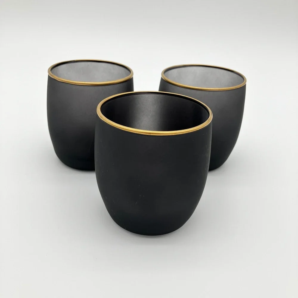 Votive Candle Holders Set of 3 Matte Black Gold Rim Frosted Glass